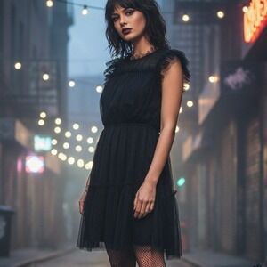 &Merci $80 Large Black Tulle A-Line Tiered Mini Dress Halloween Wednesday Addams